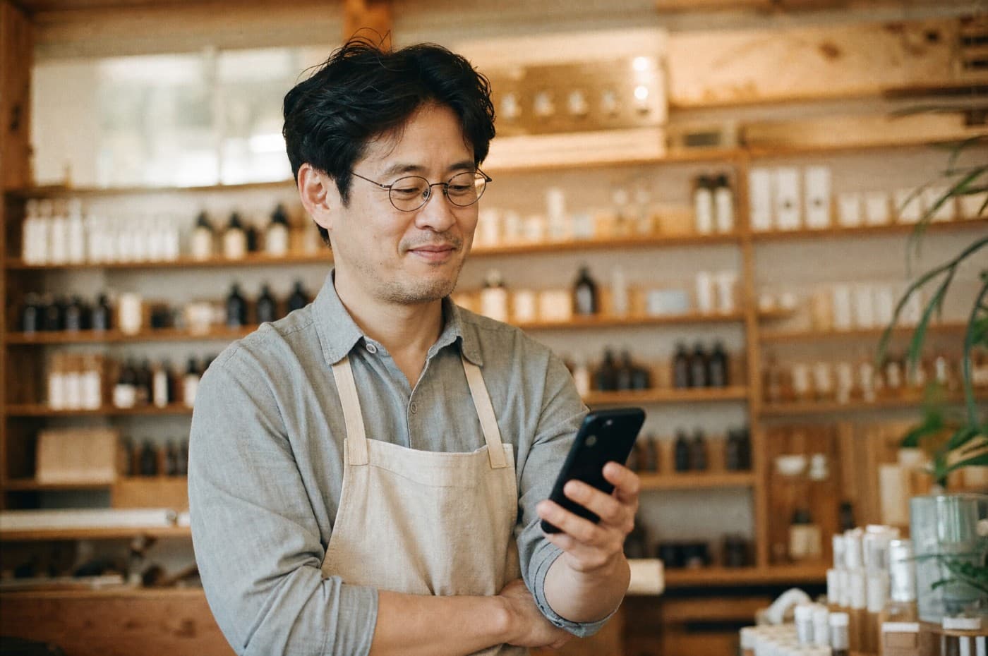 가게에서 스마트폰으로 순위를 확인하는 판매자