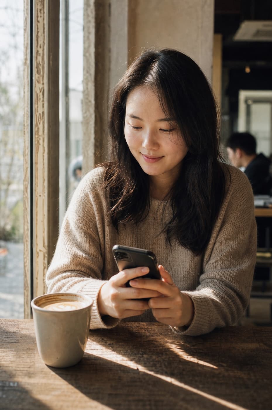 카페에서 은은하게 미소 지으며 스마트폰으로 검색하는 사용자