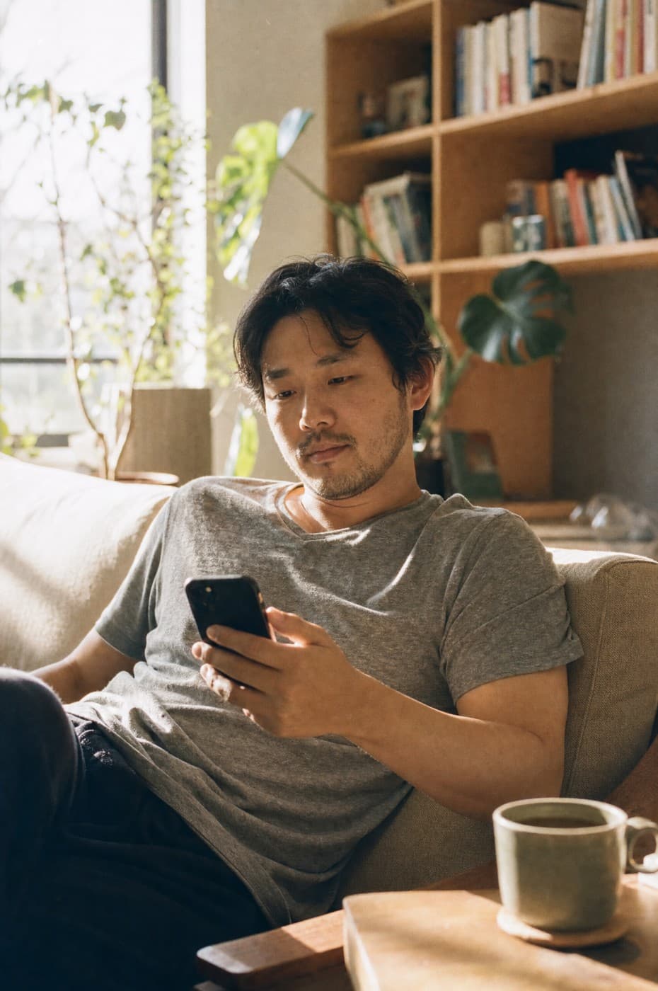 집 소파에서 스마트폰으로 검색하는 사용자