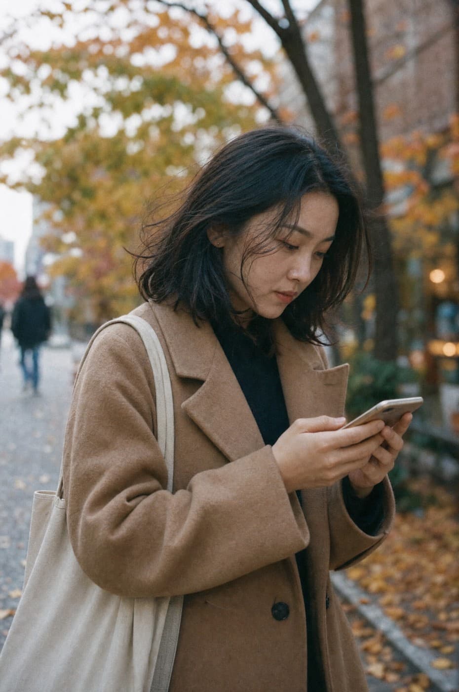 길에서 스마트폰으로 검색하는 사용자