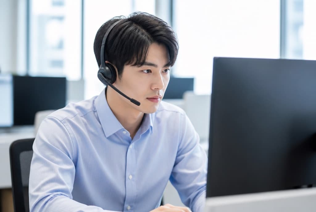 헤드셋을 끼고 상담에 집중하는 전문가